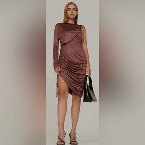 Elegant One Shoulder Ruched Dress - Brown